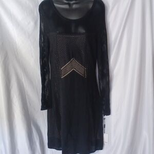 Calvin Klein meshed long sleeved textured bodycon black dress NWT, nude lining